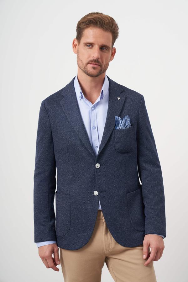  Erkek Lacivert Örme Slim Fit Torba Cep Mono Yaka Spor Ceket - Image 1