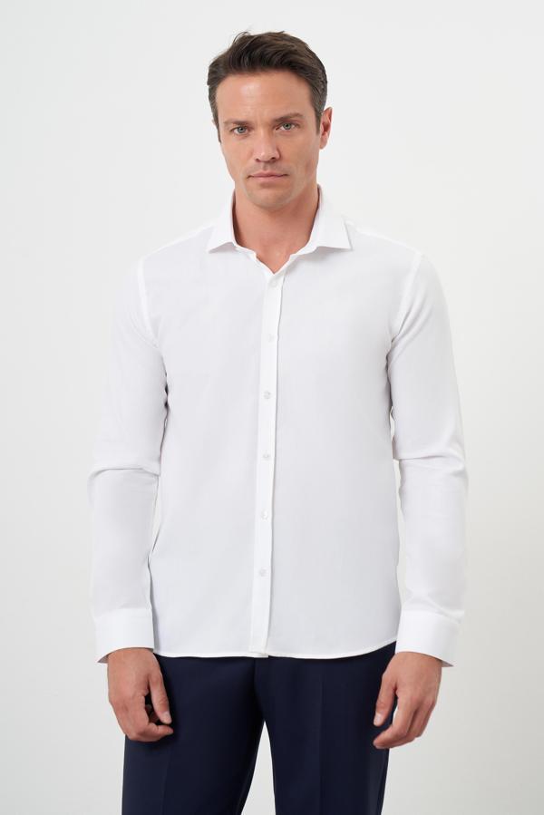  Erkek Beyaz Pamuk Baskılı Desenli  İtalyan Yaka Slim Fit Gömlek - Image 1