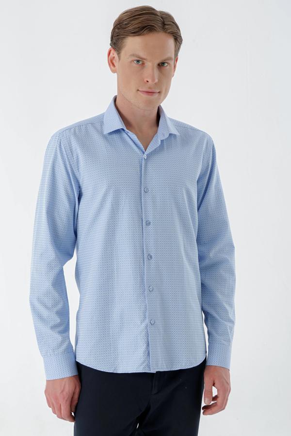  Erkek Mavi Trend Baskılı Desenli İtalyan Yaka Slim Fit Gömlek - Image 1