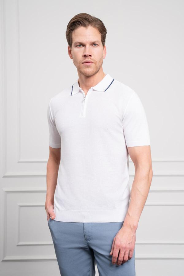  Erkek Beyaz Trend  Polo Yaka Dinamik Fit Rahat Kesim T-Shirt - Image 1