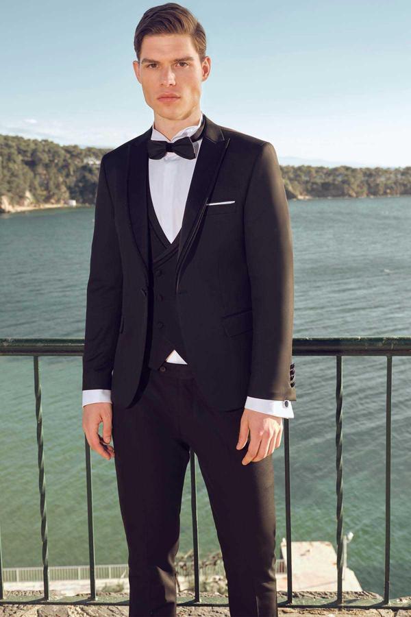  Erkek Siyah Poliviskon Ceramonia Düz Desen Slim Fit Sivri Çıkma Yaka Damatlık - Image 1