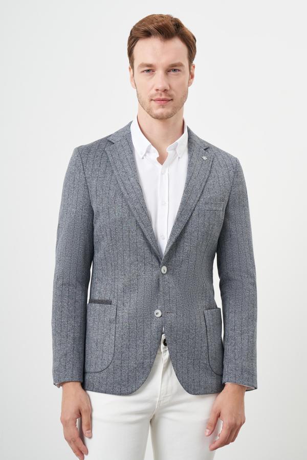  Erkek Gri Örme Slim Fit Torba Cep Mono Yaka Spor Ceket - Image 1