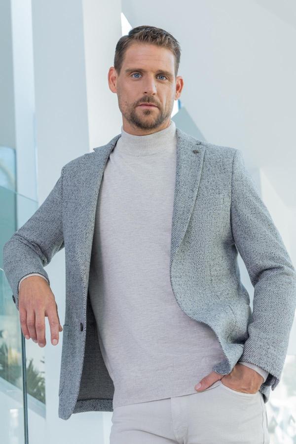  Erkek Gri Örme Slim Fit Mono Yaka Ceket - Image 1