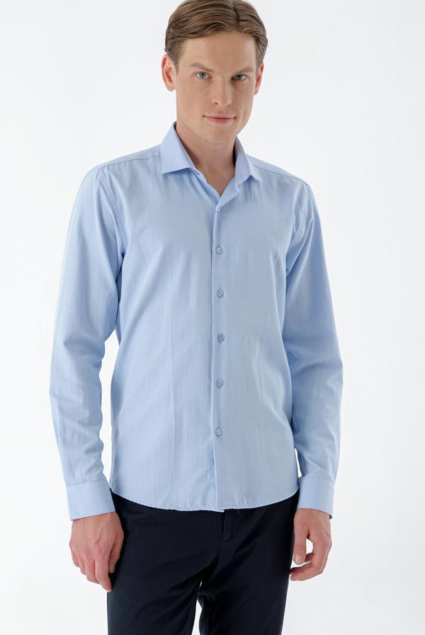  Erkek Mavi Trend Baskılı Desenli İtalyan Yaka Slim Fit Gömlek - Image 1