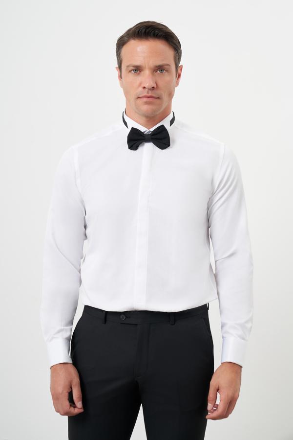  Erkek Beyaz Manşetlii Jakar Desen Ata Yaka Slim Fit Gömlek - Image 1