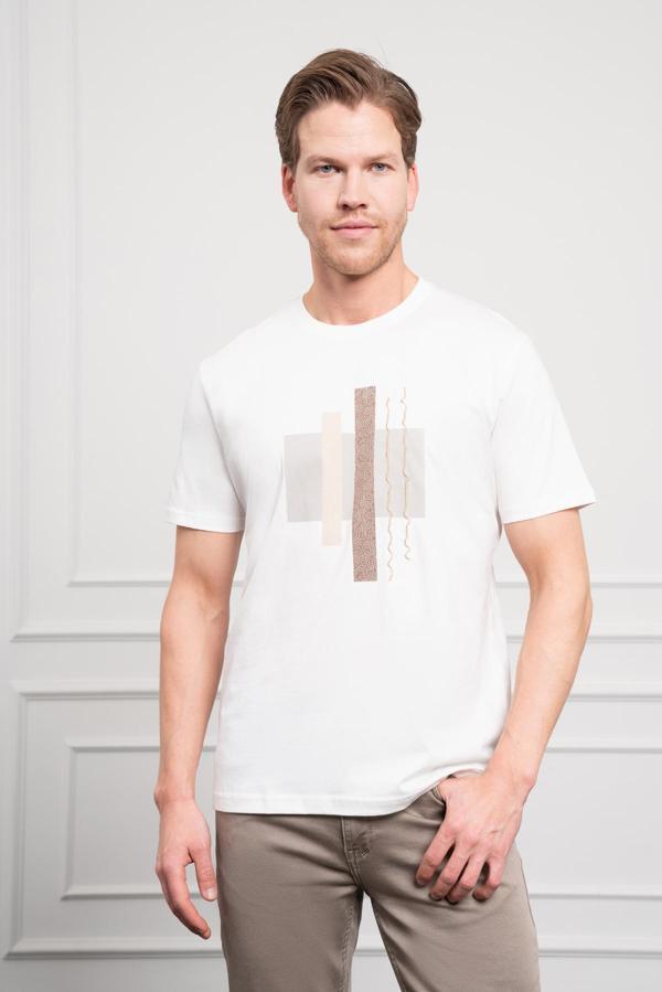  Erkek Ekru Trend Bisiklet Yaka Dinamik Fit Pamuk T-Shirt - Image 1