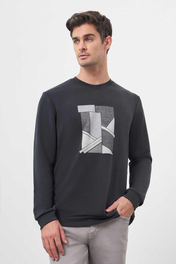  Erkek Siyah Trend Bisiklet Yaka Sweat-Shirt - Image 1