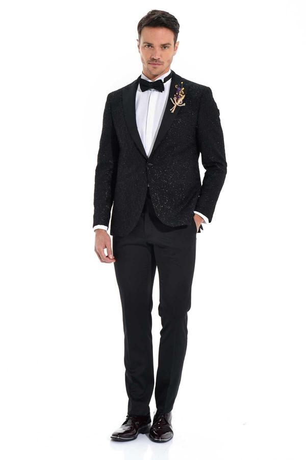  Erkek Siyah Slim Fit Jakarlı Smokin - Image 1