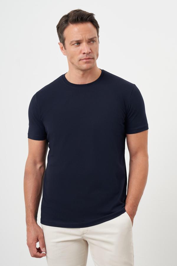  Erkek Lacivert Basic Bisiklet Yaka Dynamic Fit Rahat Kesim T-Shirt - Image 1