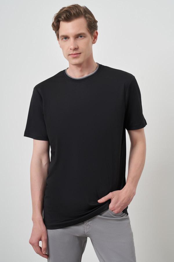  Erkek Siyah Trend Bisiklet Yaka T-Shirt - Image 1