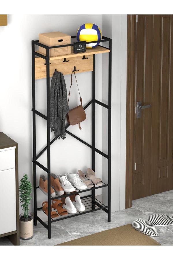Moniev Metal Portmanto Raflı Elbise Askılığı Vestiyer Ayakkabılık Modern 3 Raflı Askılı Portmanto - Image 1