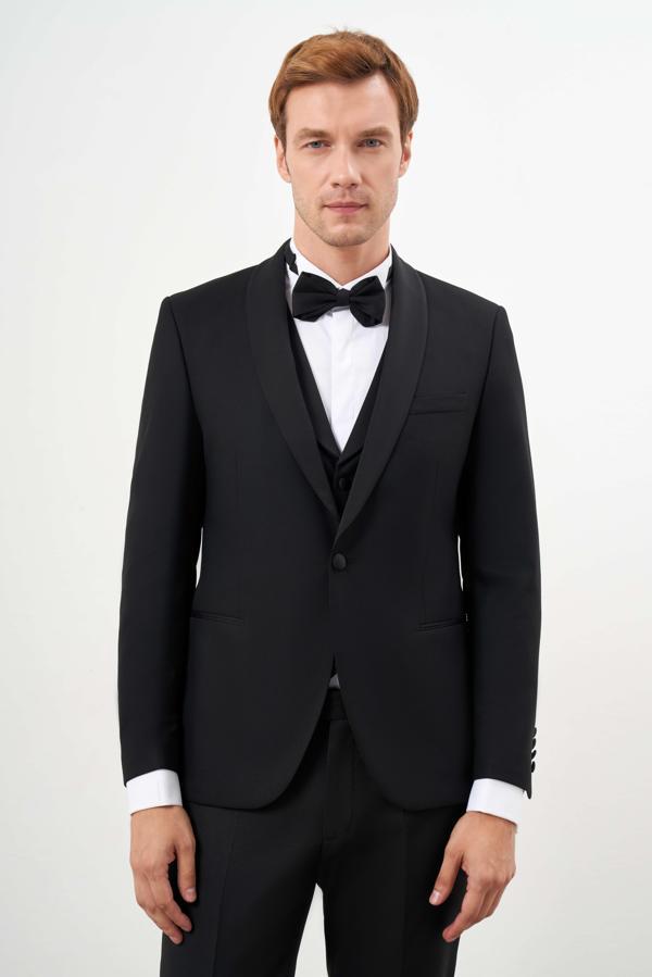  Erkek Siyah Poliviskon Ceromonia Santorini Slim Fit Şal Yaka Damatlık - Image 1