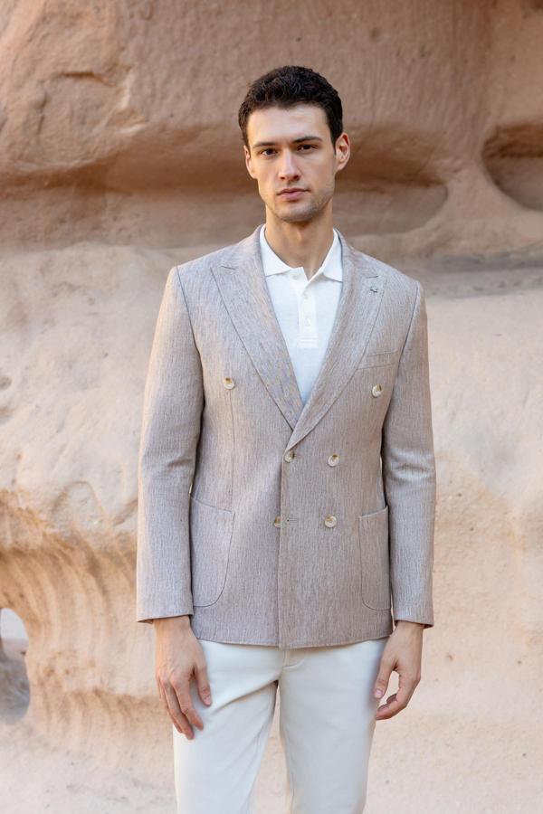  Erkek Bej Kruvaze Slim Fit Torba Cep Sivri Yaka Spor Ceket - Image 1