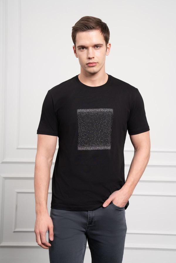  Erkek Siyah Trend Bisiklet Yaka Dinamik Fit Pamuk T-Shirt - Image 1
