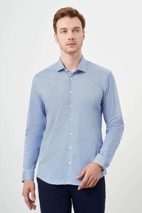  Erkek Mavi Pamuk Baskılı Desenli  İtalyan Yaka Slim Fit Gömlek - Image 1