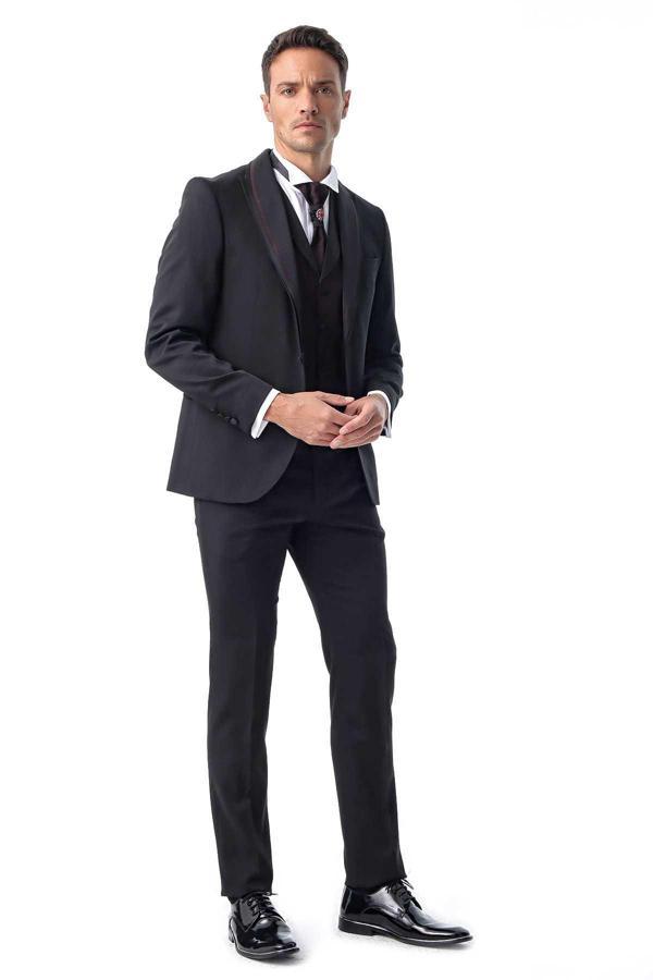  Erkek Siyah Monhattan Slim Fit Dar Kesim Jakarlı Smokin - Image 1
