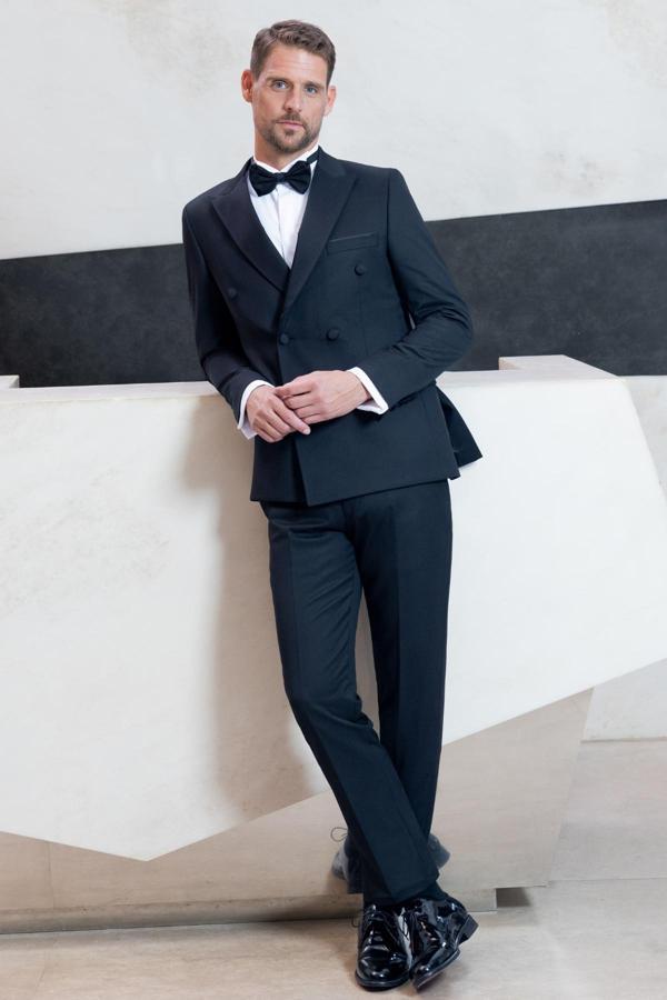  Erkek Siyah Kruvaze Sivri Çıkma Yaka Slim Fit Damatlık - Image 1