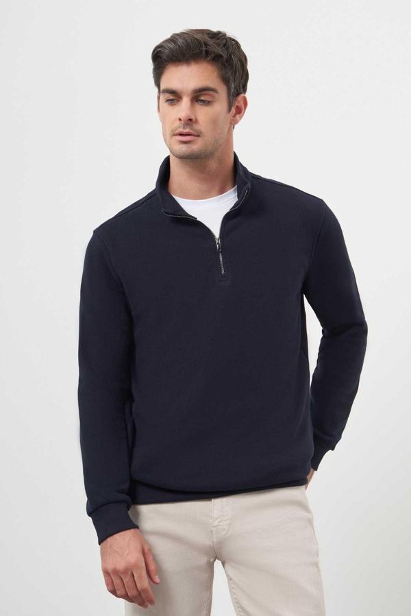  Erkek Lacivert Trend Dik Yaka Sweat-Shirt - Image 1
