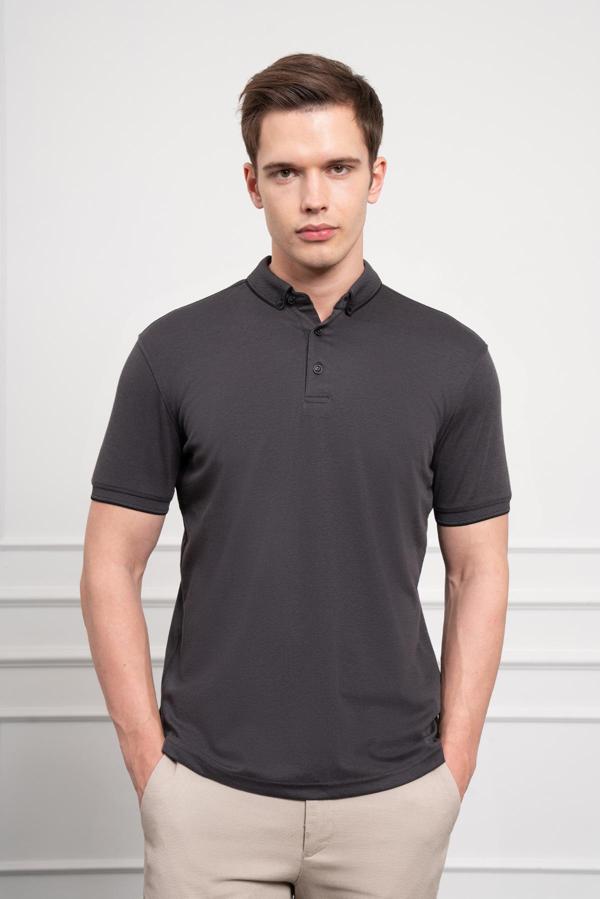  Erkek Siyah Trend Merserize Düz Düğmeli Yaka Dynamic Fit T-Shirt - Image 1