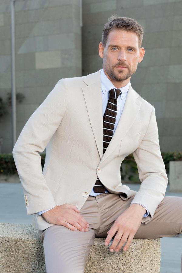  Erkek Bej Poliviskon Dokuma Desenli Slim Fit Mono Yaka Ceket - Image 1