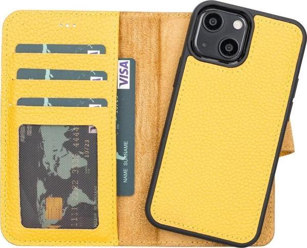 Apple iPhone 13 Mini Uyumlu Deri Cüzdanlı Kılıf FL12 Sarı - Image 1