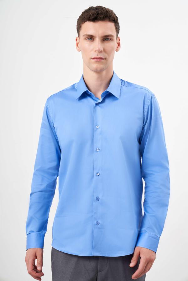  Erkek Koyu Mavi Pamuk Düz Desen Sert Yaka Slim Fit  Gömlek - Image 1