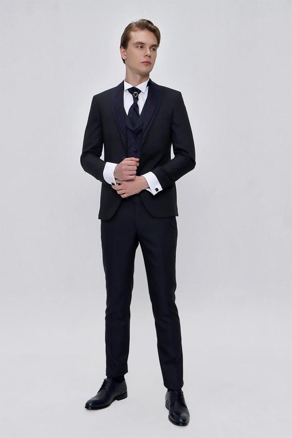  Erkek Lacivert Santos Çıkma Yaka Slim Fit  Damatlık - Image 1