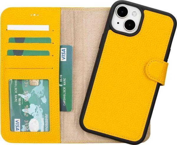 Apple iPhone 15 Plus Uyumlu Deri Cüzdanlı Kılıf MWWN FL12 Sarı - Image 1