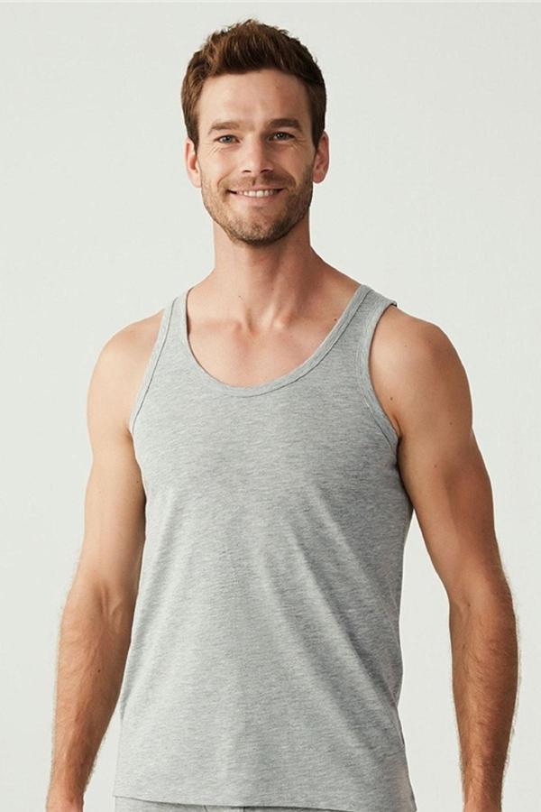  Erkek Gri Basic Düz %100 Pamuk Atlet - Image 1