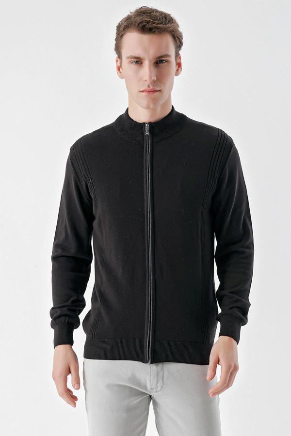  Erkek Siyah Trend Jakarlı Fermuarlı Triko Hırka - Image 1