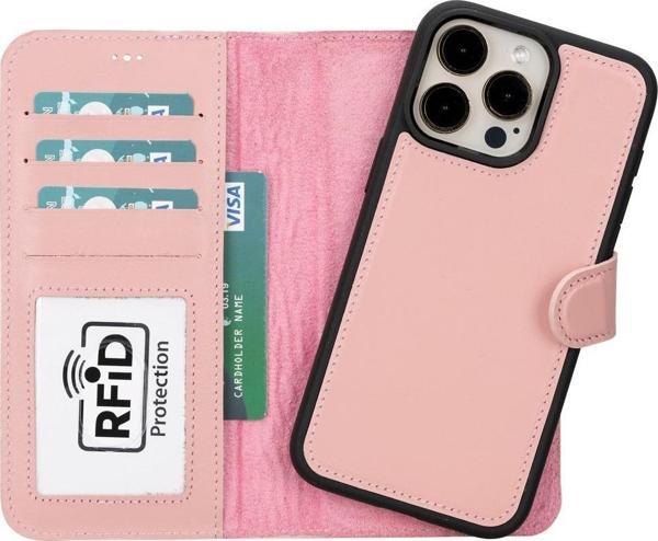 Apple iPhone 15 Pro Max Uyumlu Deri Cüzdanlı Kılıf MWWN NU2 Pembe - Image 1