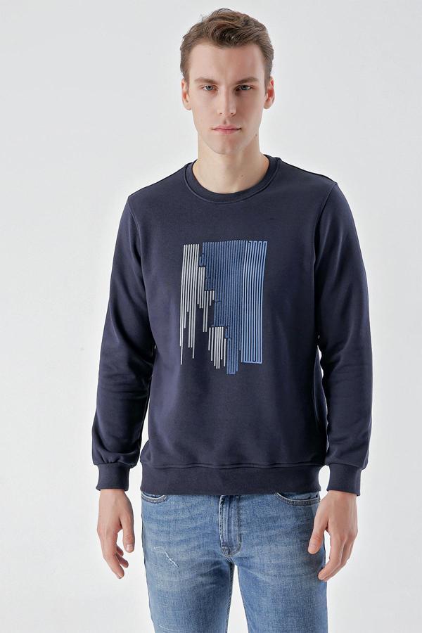  Erkek Lacivert Trend Bisiklet Yaka Sweat-Shirt - Image 1