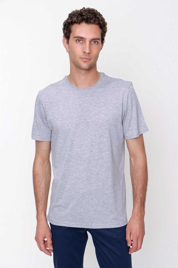  Erkek Gri Slim Fit Bisiklet Yaka %100 Pamuk Kısa Kollu Tişört - Image 1