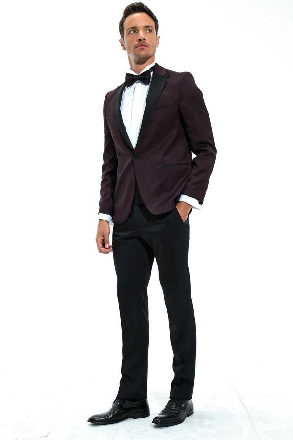  Erkek Koyu Bordo Modena Slimfit Jakarlı Smokin - Image 1