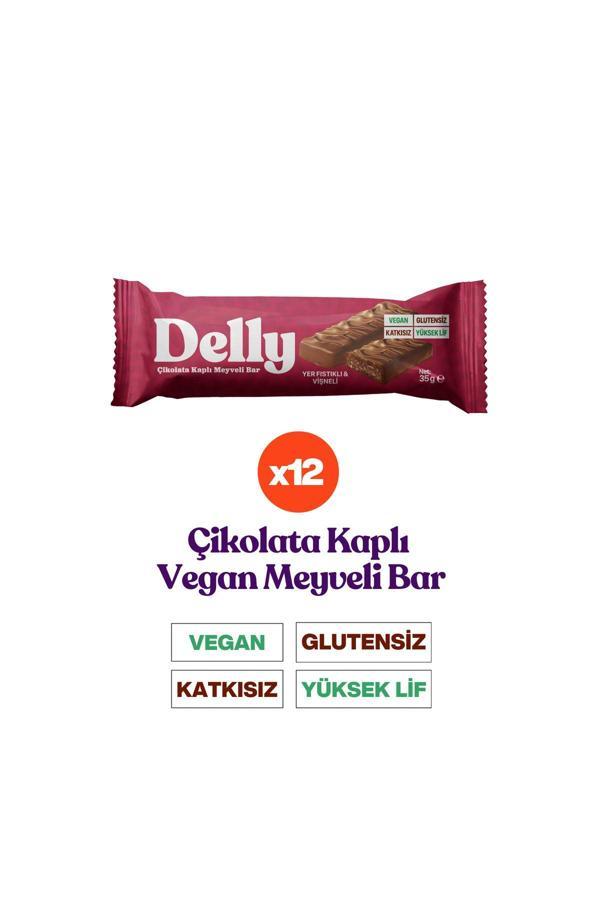 Delly 12 Adet Çikolata Kaplı - Yer Fıstıklı & Vişneli Meyveli Bar 35G - Image 1