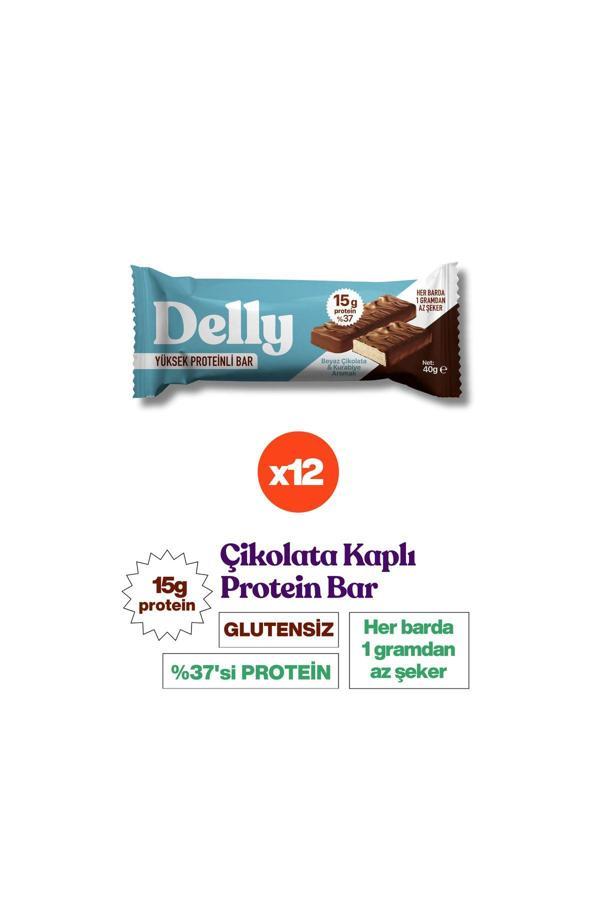 Delly 12 Adet Çikolata Kaplı, Yüksek Proteinli Bar, Beyaz Çikolata Ve Kurabiye Aromalı 40G - Image 1