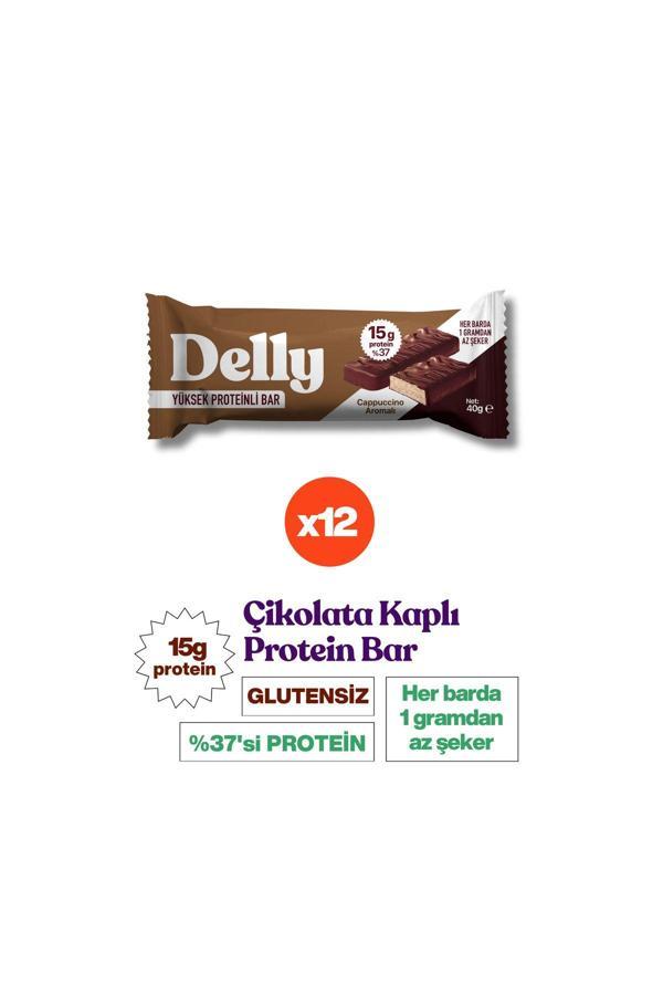 Delly 12 Adet Çikolata Kaplı, Yüksek Proteinli Bar, Cappuccino Aromalı, 40G - Image 1