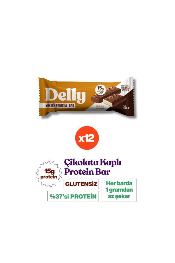 Delly 12 Adet Çikolata Kaplı, Yüksek Proteinli Bar, Karamel Aromalı 40G - Image 1