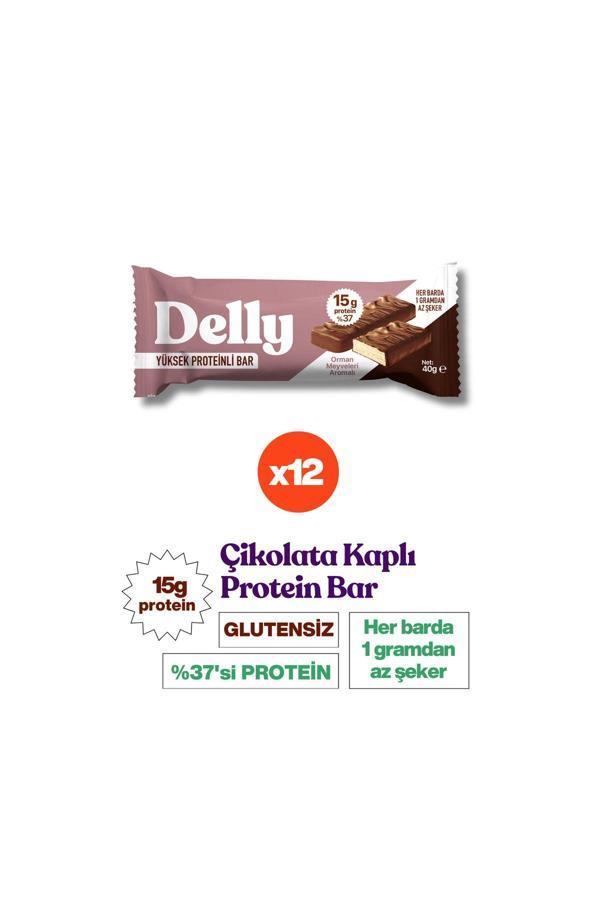 Delly 12 Adet Çikolata Kaplı, Yüksek Proteinli Bar, Orman Meyveleri Aromalı 40G - Image 1