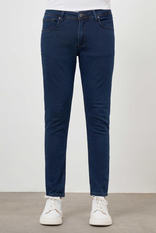  Erkek Lacivert Denim 5 Cep Slim Fit Jean Kot Pantolon - Image 1