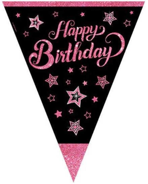 FLAMA ÜÇGEN BAYRAK PINK STARS HAPPY BIRTHDAY 1 ADET - Image 1