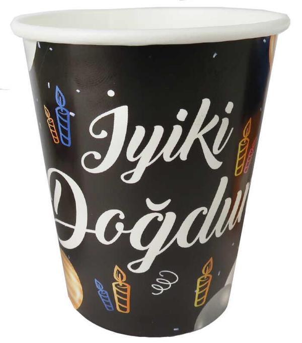 BARDAK KARTON İYİKİ DOĞDUN BALONLU SİYAH 8OZ 8 ADET - Image 1
