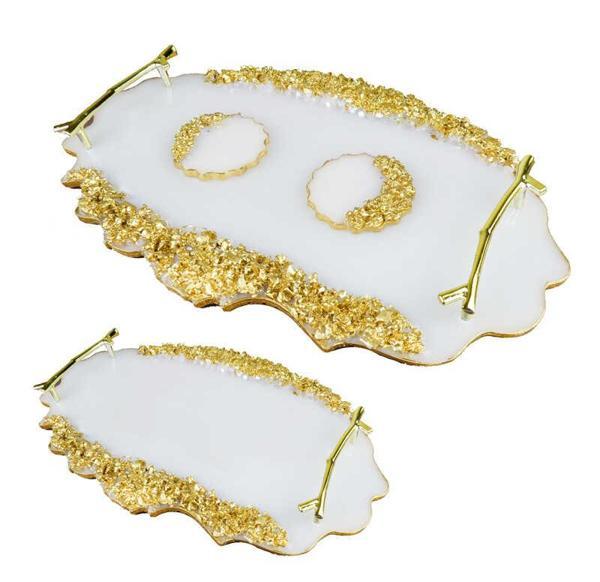 TEPSİ EPOKSİ TAŞLI OVAL DAMAT KAHVE SETİ ALTIN 2'Lİ - Image 1