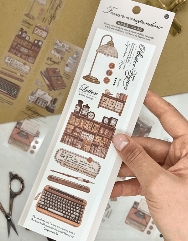 Former Corresphondence Retro Yazarlık Atölyesi Malzemeleri Temalı 6 Yaprak Şeffaf Pet Sticker/ Çıkartma / Bullet Journal - Image 1
