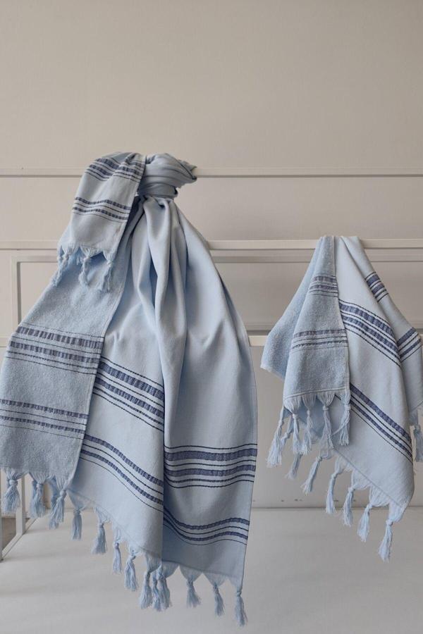 %100 Pamuk Peştemal Saç Havlusu Takımı-Plaj Havlusu Seti-Mavi - Image 1