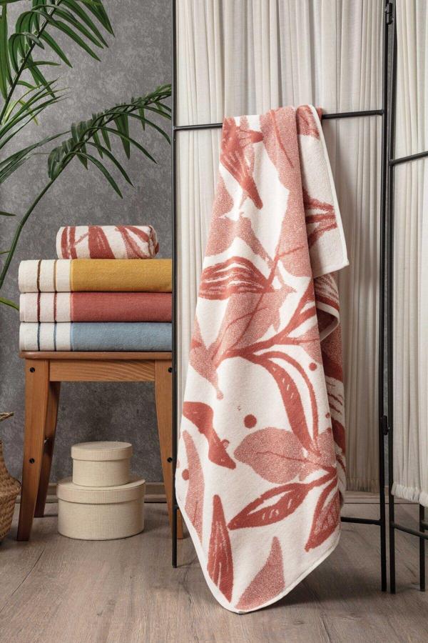 Yaprak Desen Ipliği Boyalı Banyo Havlusu - Yüksek Su Emici & Yumuşak-90x150cm-%100 Pamuk-kiremit - Image 1