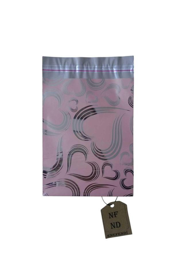 Enefendi Hediye Poşeti Kendinden Bantlı Metalize Lüks Pratik Sağlam 12X17 Pembe Kalp Desenli 20'Li - Image 1