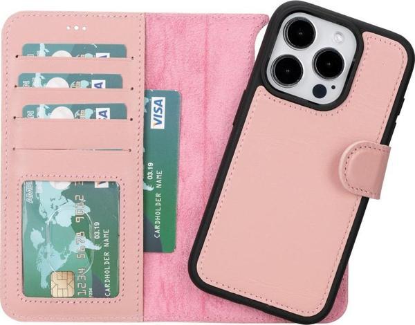 Apple iPhone 15 Pro Uyumlu Deri Cüzdanlı Kılıf MWWN NU2 Pembe - Image 1