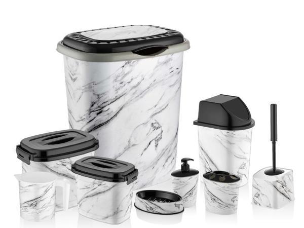 Omnipazar OZR-D053 X128 Beyaz Mermer Desenli 9 Parça Plastik Banyo Seti - Image 1