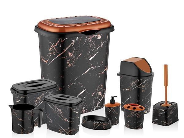 Omnipazar OZR-D053 X129 Siyah Mermer Desenli 9 Parça Plastik Banyo Seti - Image 1
